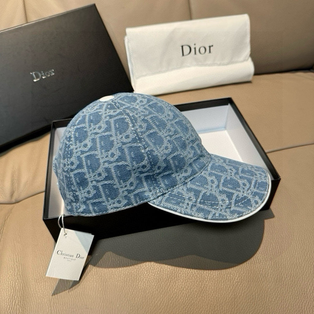 Dior cap in blue monogram denim, side view with curved brim