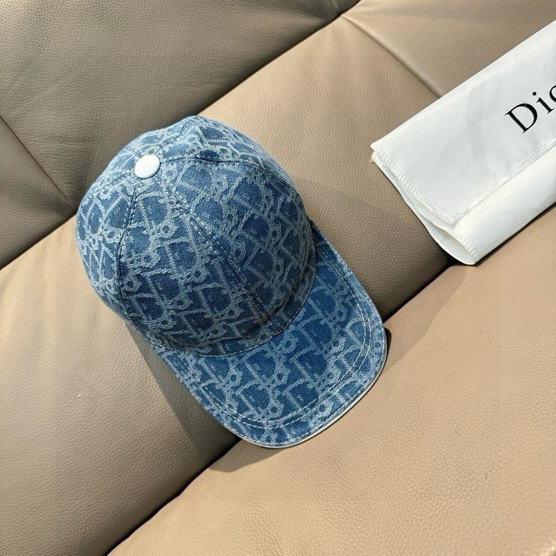 Dior cap in blue denim with allover monogram pattern, curved brim