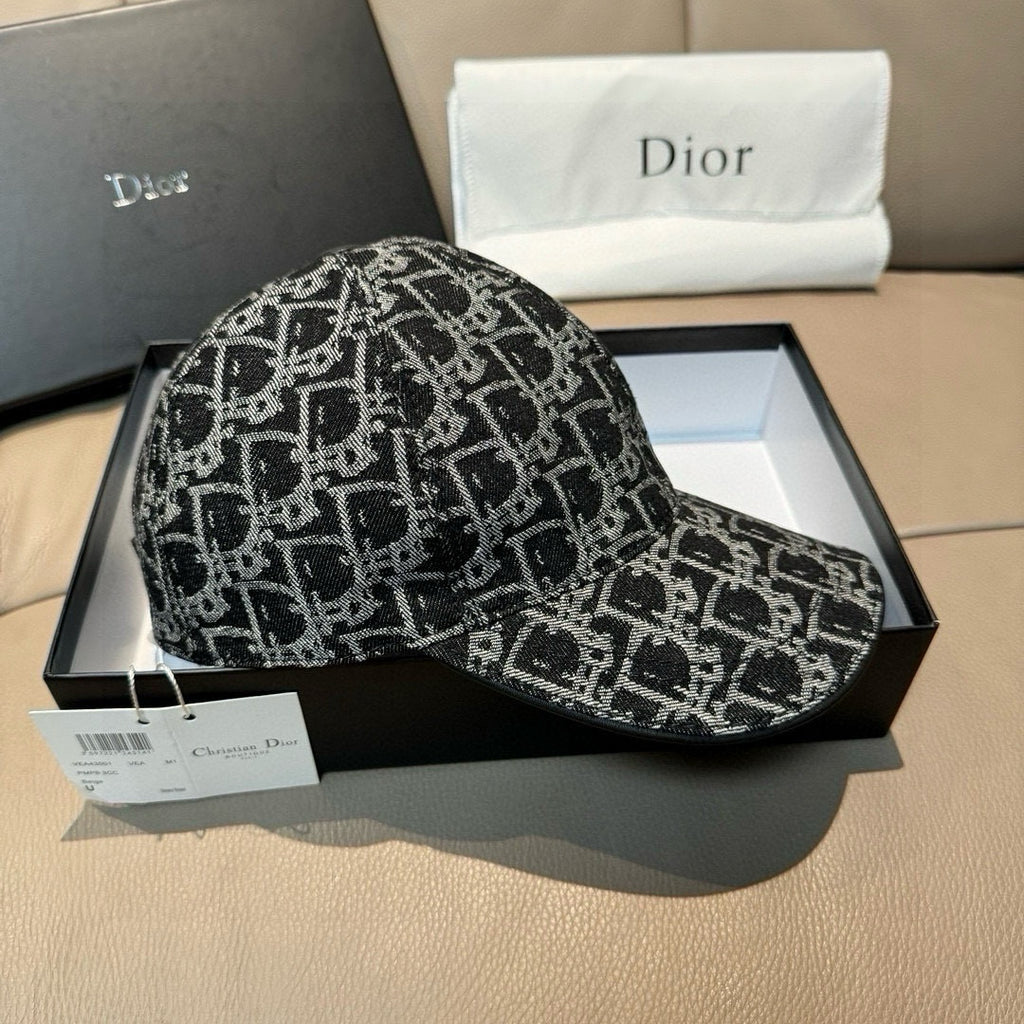 Black-and-white patterned baseball cap on display box with curved brim
