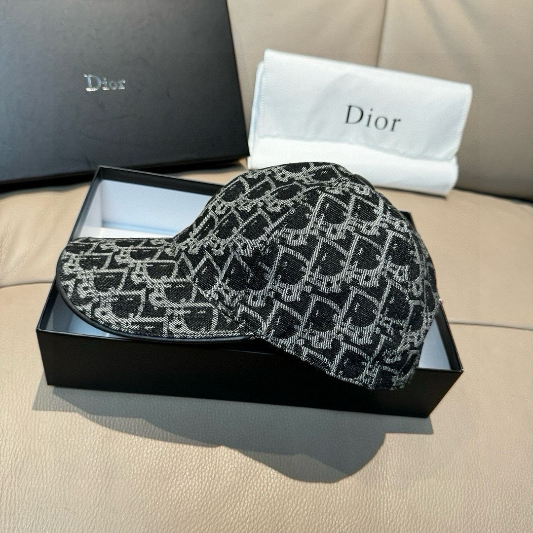 Black-and-white patterned baseball cap with curved brim, side profile on box