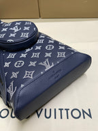 Louis Vuitton monogram bag corner in navy with smooth leather trim and rounded base