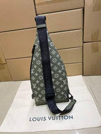 Louis Vuitton men's sling bag, dark olive monogram with navy crossbody strap