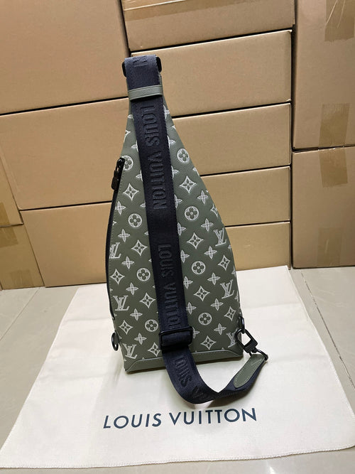 Louis Vuitton men's sling bag, dark olive monogram with navy crossbody strap
