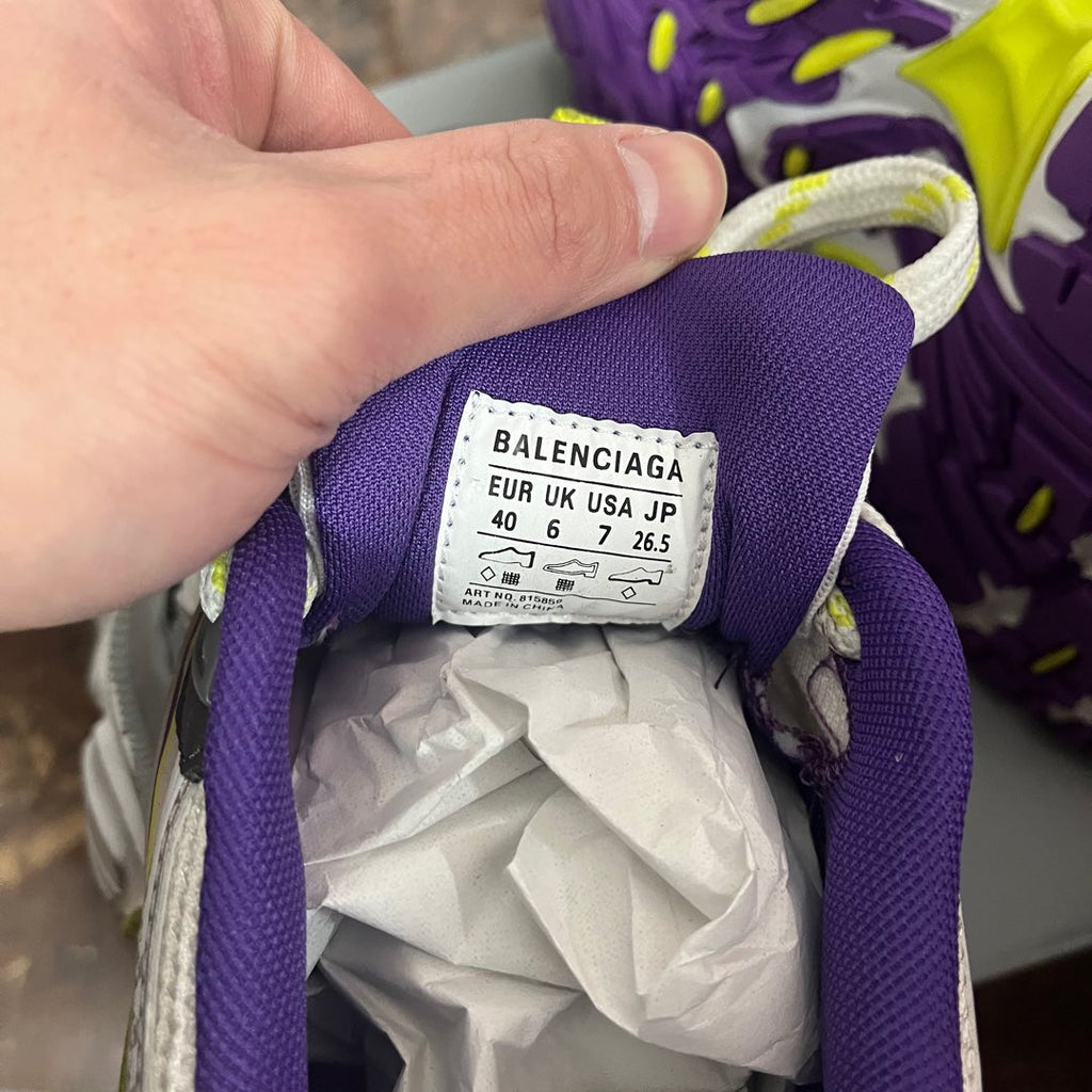 Purple sneaker size label reading BALENCIAGA, EUR/UK/USA and 40–26.5.