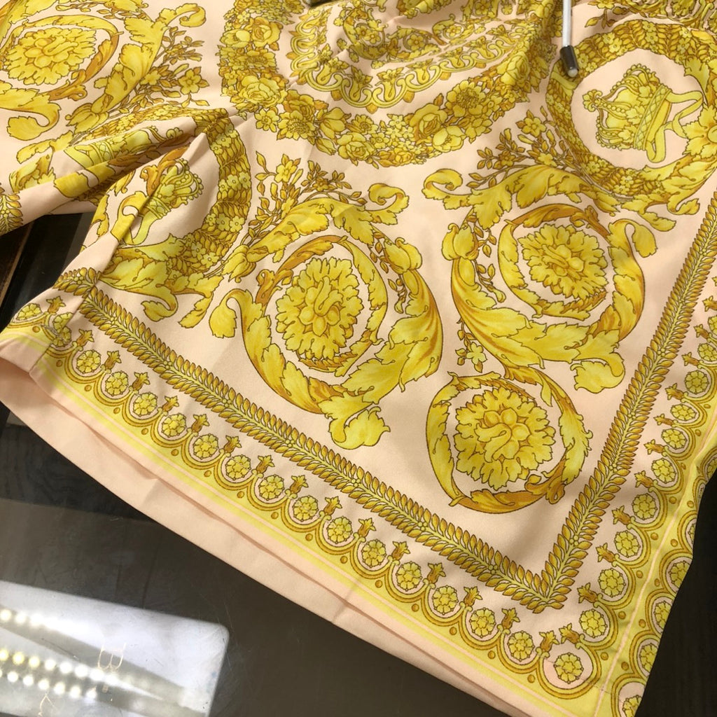 Versace baroque print shorts fabric in yellow and white with ornate border