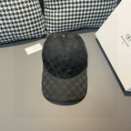 Dark monogram baseball cap viewed from above with top button