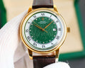 Rolex watch with green dial, gold-tone case, brown leather strap, Roman numerals