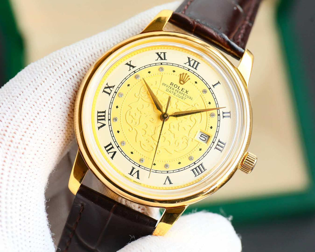 Rolex watch with yellow dial, gold-tone case, brown leather strap, Roman numerals