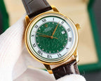 Rolex watch with green dial, gold-tone case, brown leather strap, Roman numerals