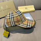 Plaid cap with curved brim, multicolor stripe band, and adjustable black back strap.