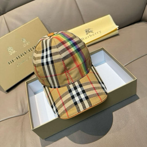 Burberry cap with beige, black and red plaid pattern, adjustable back strap.