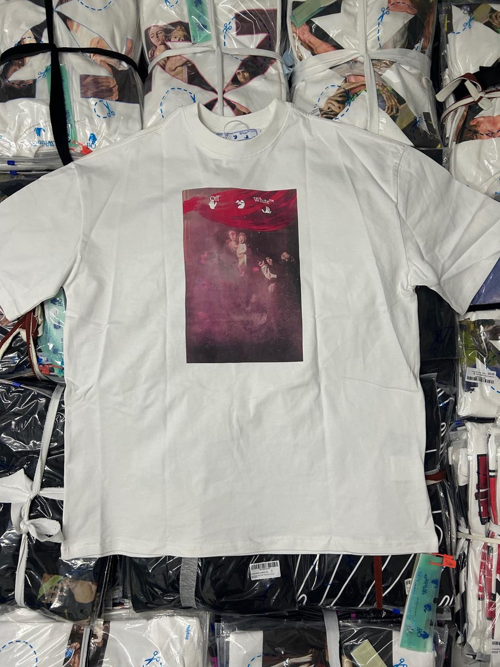 Off White graphic T-shirt with square red-purple artwork on the front