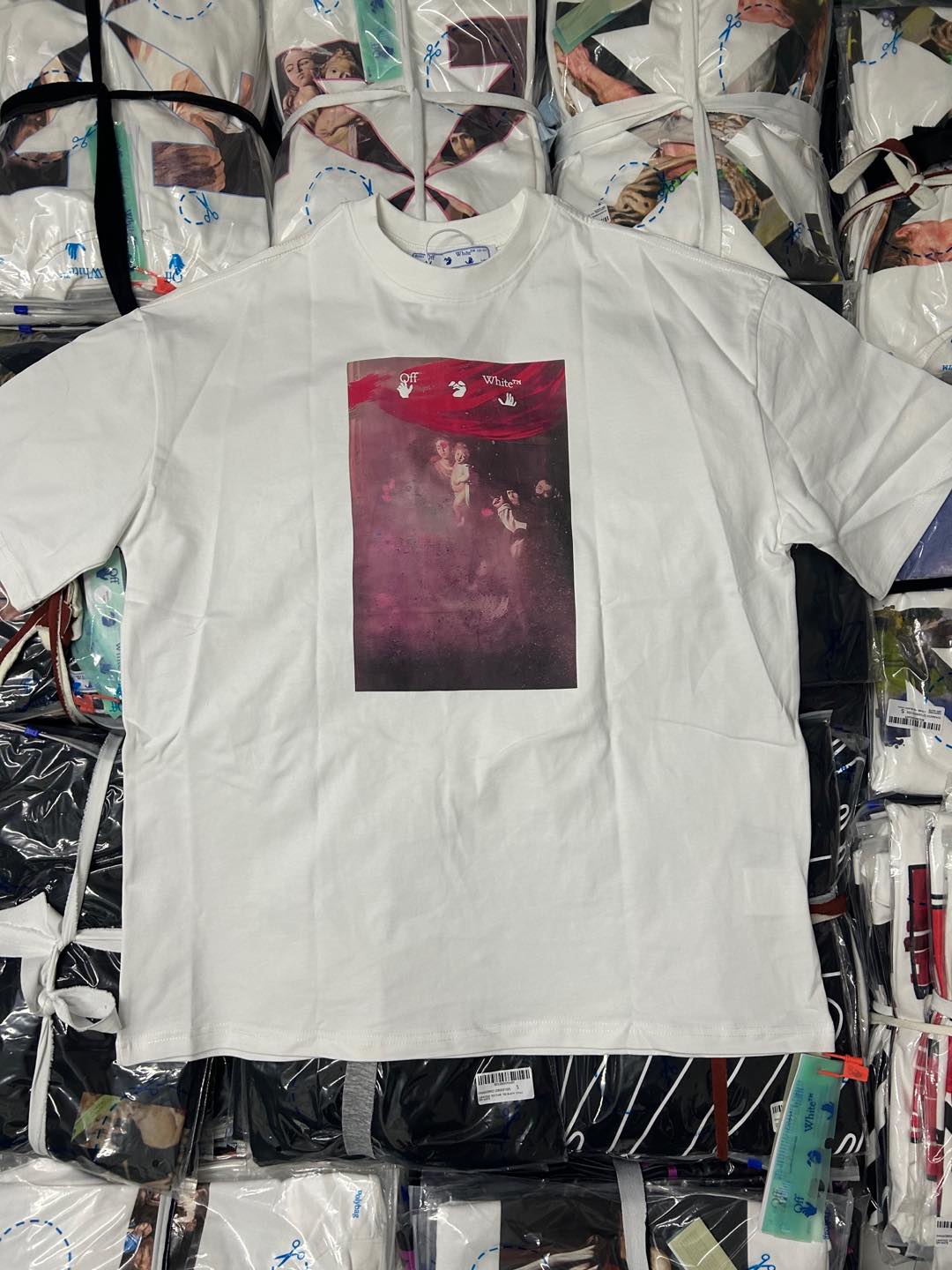 Off White graphic T-shirt with square red-purple artwork on the front
