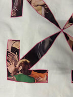 Graphic T-shirt with pink-bordered collage scenes arranged in an X pattern