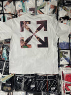 Graphic T-shirt with large multicolor X-style collage lettering on the front
