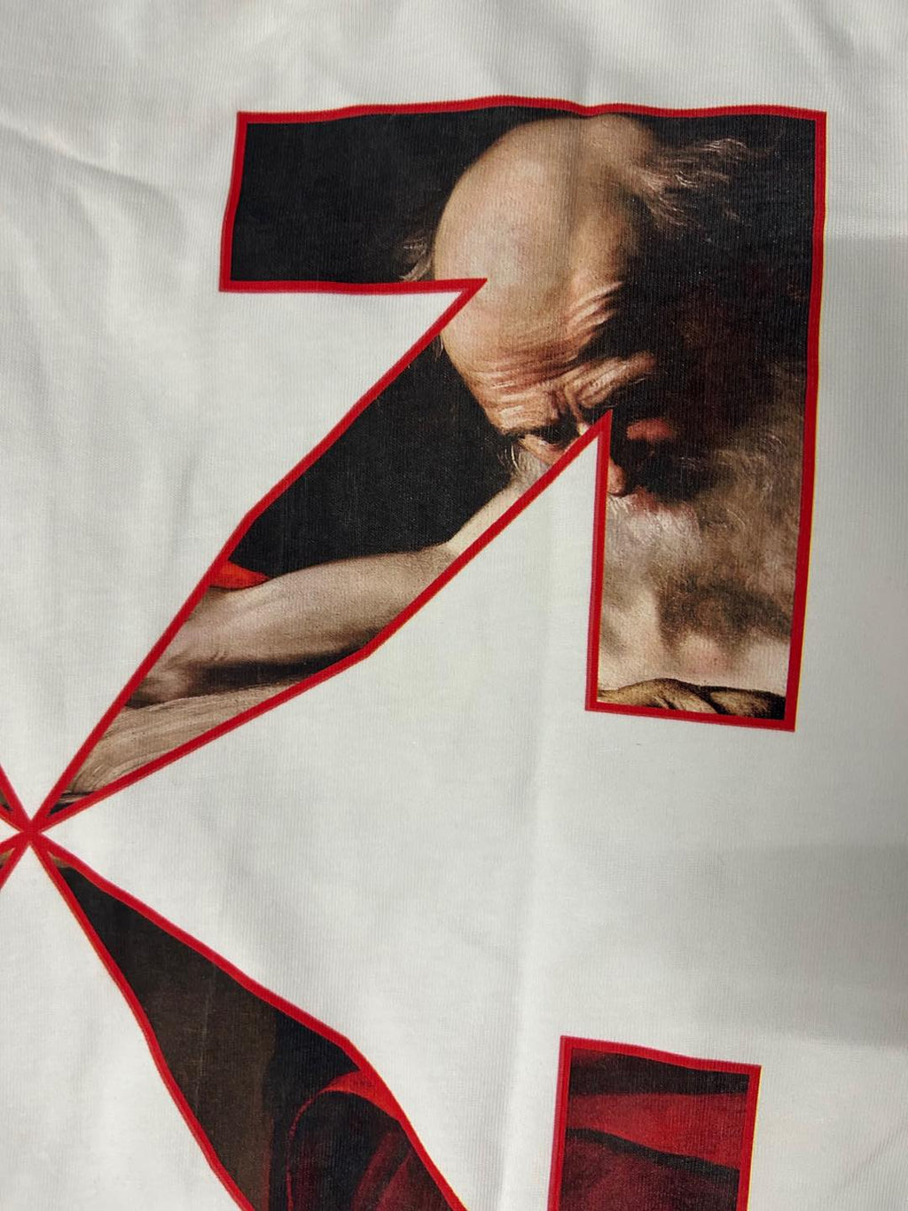 Off-White graphic T-shirt, red and black logo detail on chest