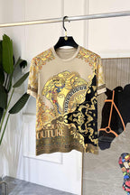 Crewneck T-shirt in cream with gold, black, and light blue baroque Medusa print