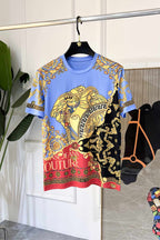 Crewneck T-shirt in light blue with gold, black, and red Versace-style baroque print