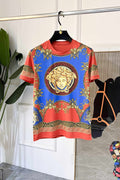 Short-sleeve graphic T-shirt in red with blue and gold Medusa-style print