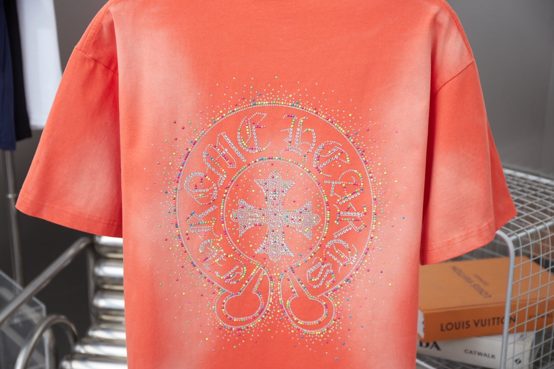 Coral orange short-sleeve crewneck T-shirt with large rhinestone back graphic