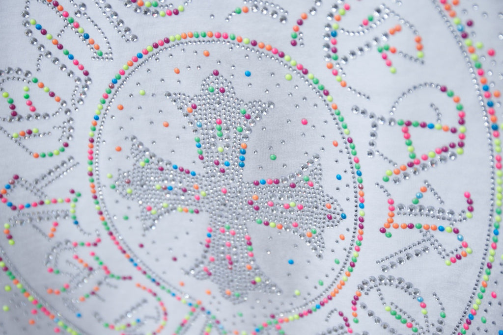 Multicolor beaded circular T-shirt graphic with rhinestone dot details
