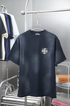 Navy short-sleeve T-shirt with small multicolor rhinestone chest emblem