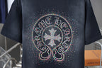 Navy short-sleeve T-shirt with large circular multicolor rhinestone back graphic