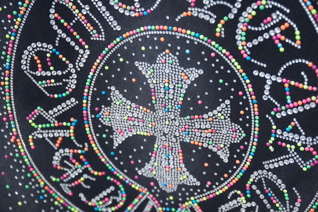 Multicolor rhinestone circular graphic on navy short-sleeve T-shirt