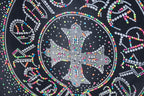 Multicolor rhinestone circular graphic on navy short-sleeve T-shirt