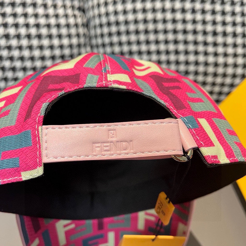 Fendi cap interior view with pink adjustable strap and Fendi logo patch on lining