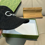 Gucci cap close-up with dark GG monogram fabric and white script logo