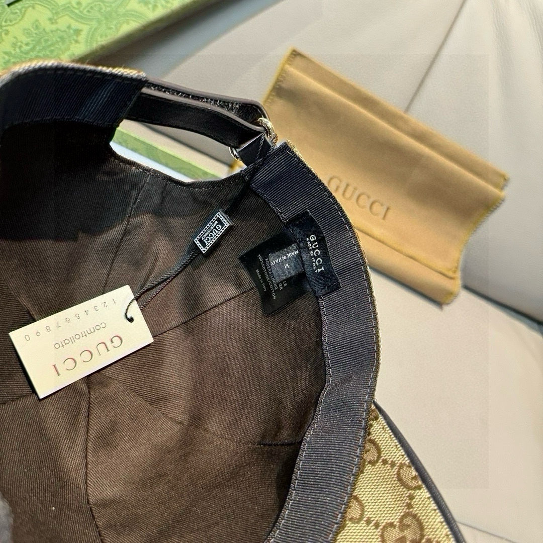 Gucci cap with interior black band and adjustable strap, visible label tag