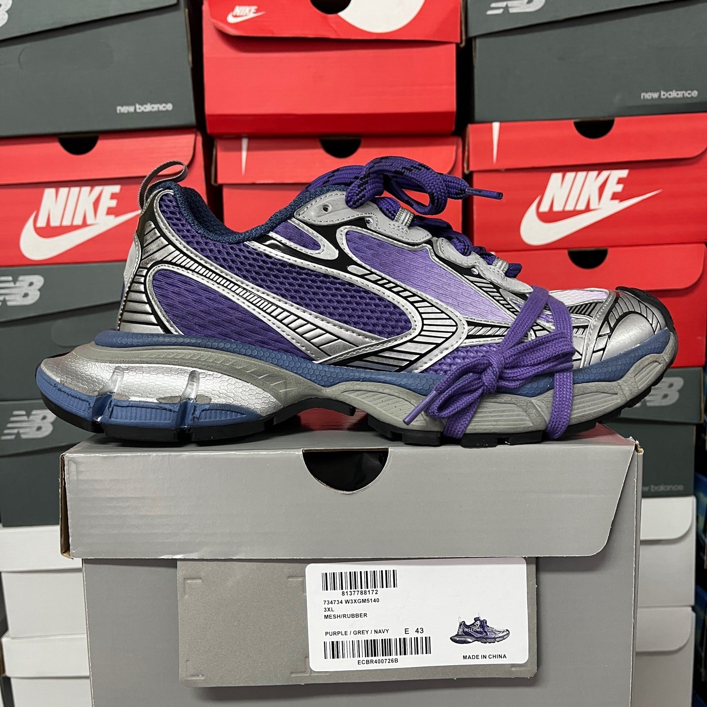 Balenciaga unisex sneakers, purple mesh panels with gray trim and purple laces