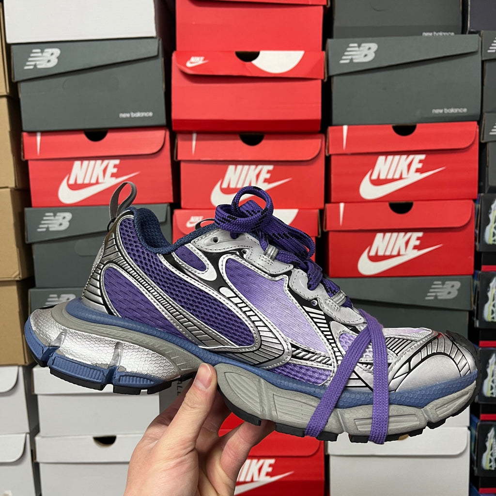 Balenciaga unisex sneakers front side view in purple and gray with purple laces