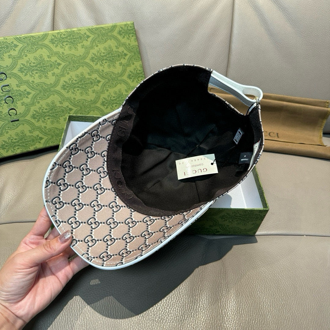 Gucci baseball cap interior view showing black lining and beige GG monogram exterior