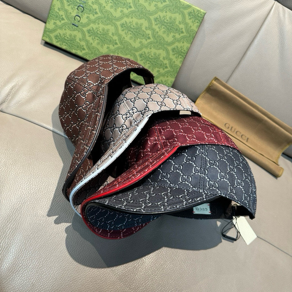 Gucci caps bundle with monogram fabric and contrasting brown, red, and dark interiors