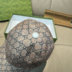 Gucci baseball cap top view with beige GG monogram and round light button detail