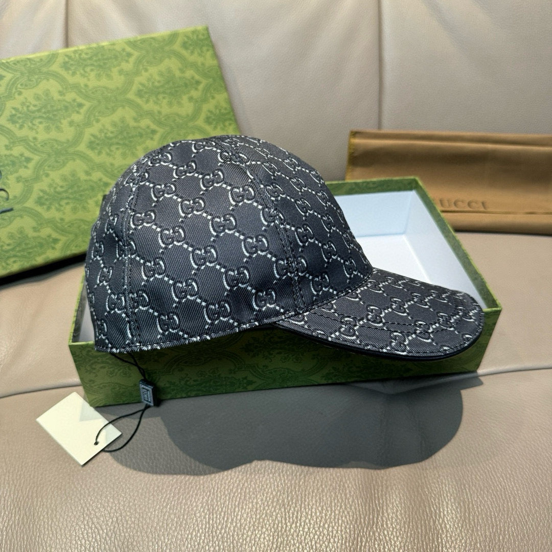 Gucci baseball cap dark navy with GG monogram pattern, front and side view