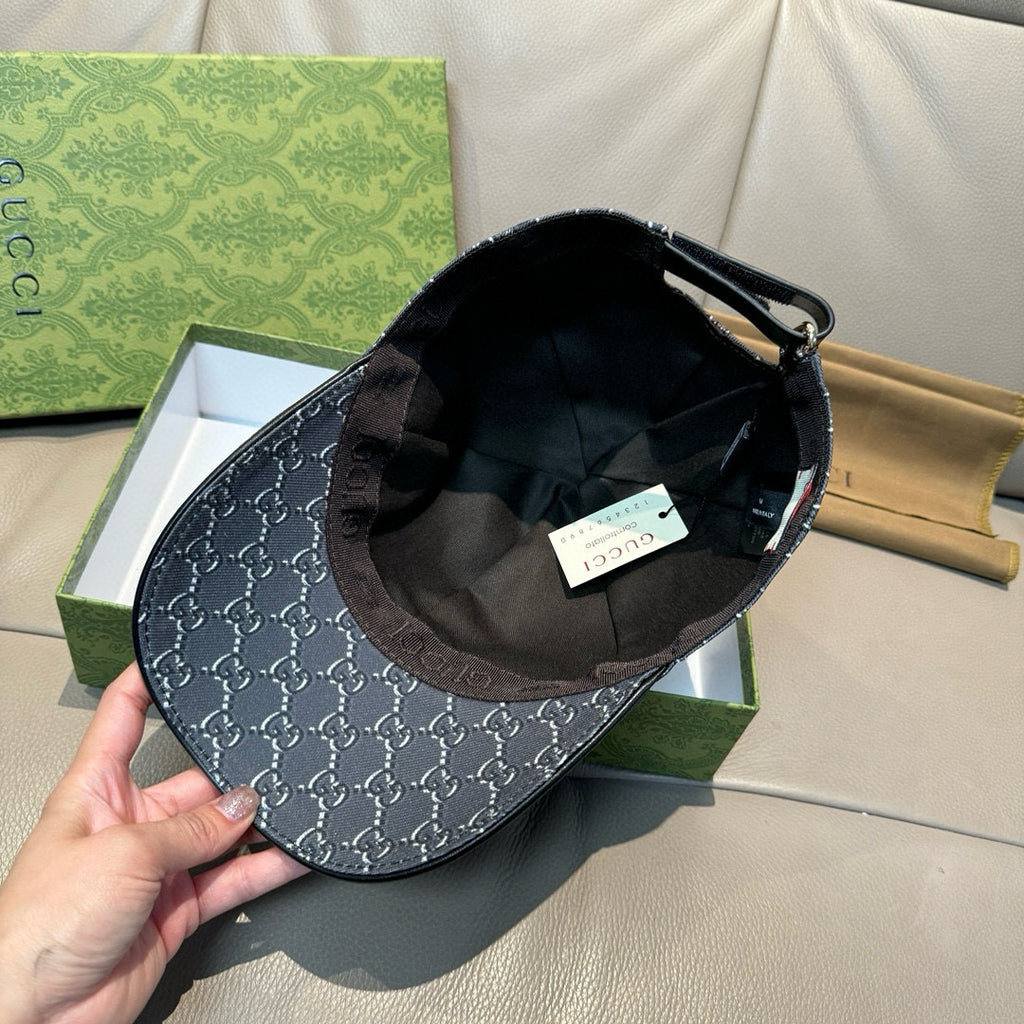 Gucci baseball cap interior with black lining and dark navy GG monogram crown