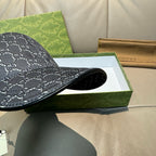 Gucci baseball cap dark navy with GG monogram pattern, brim edge close-up