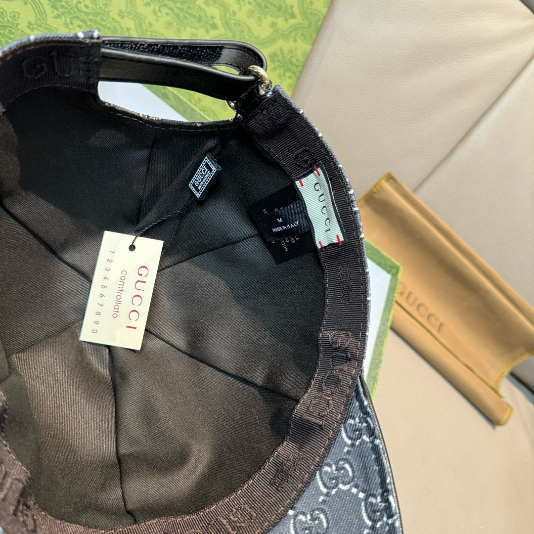 Gucci baseball cap lining and interior label, dark navy GG monogram pattern