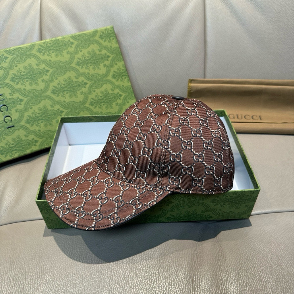 Brown Gucci baseball cap, side view, with GG-style monogram pattern and curved brim.
