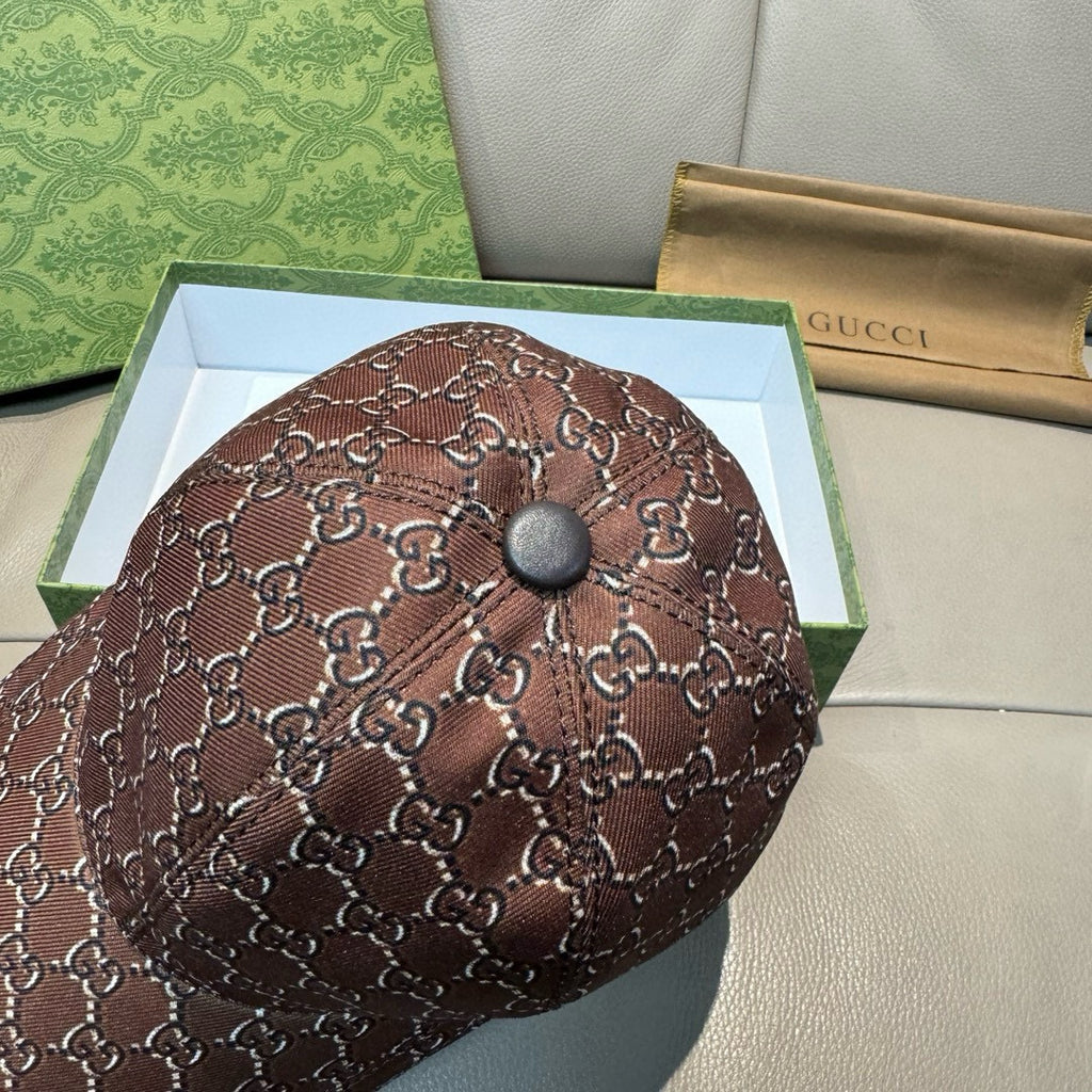 Brown Gucci baseball cap top with button and GG-style monogram pattern.