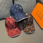 Louis Vuitton caps set: red and blue monogram prints with curved brims