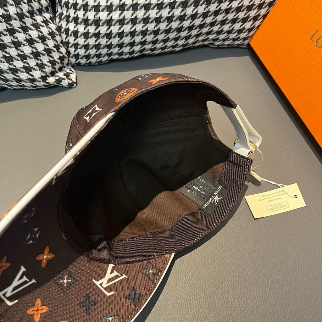 Louis Vuitton cap interior with dark lining and adjustable strap, monogram exterior