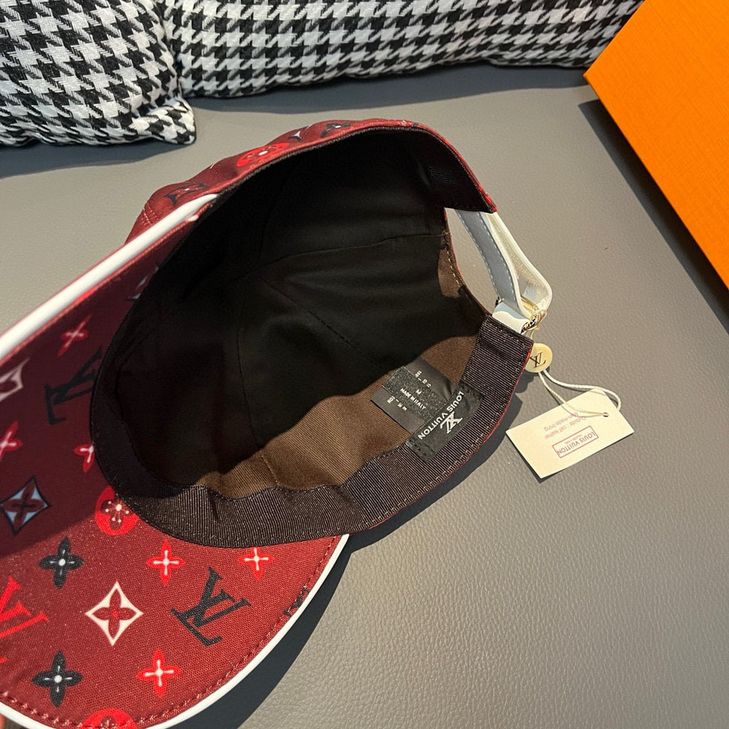 Red Louis Vuitton cap interior view with dark lining and adjustable strap