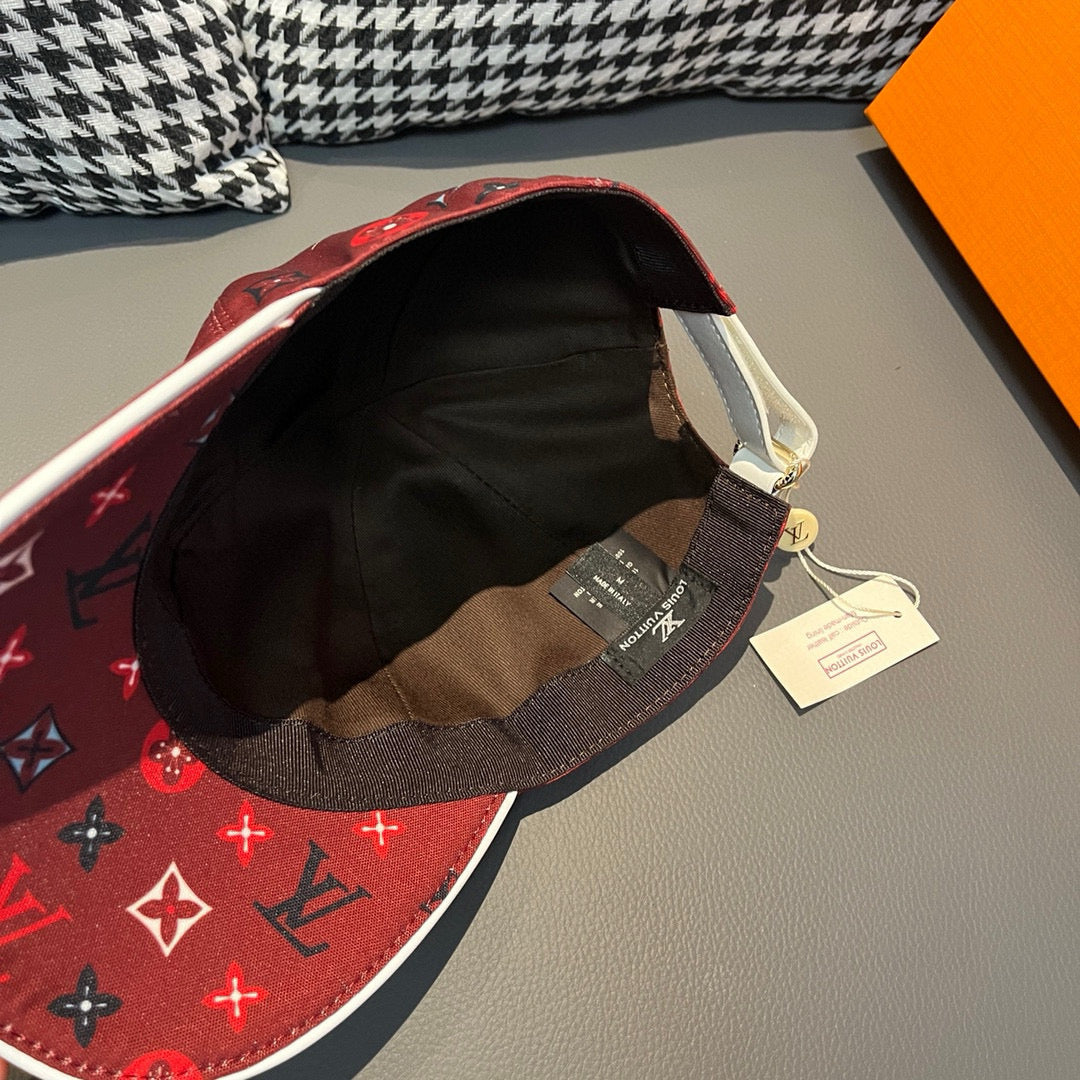 Red Louis Vuitton cap interior view with dark lining and adjustable strap