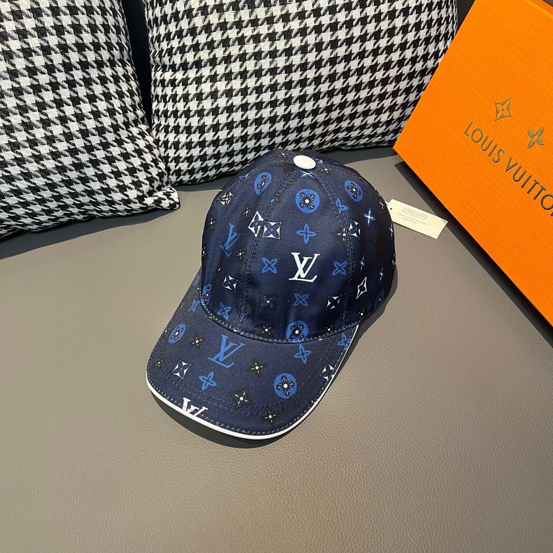 Louis Vuitton navy patterned baseball cap with multicolor monogram motifs and white top button