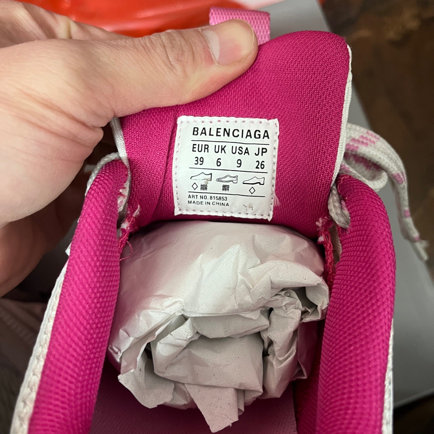 Purple sneaker tongue label with Balenciaga size info and Made in China