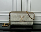 Beige textured shoulder bag with LV-style logo and gold chain strap